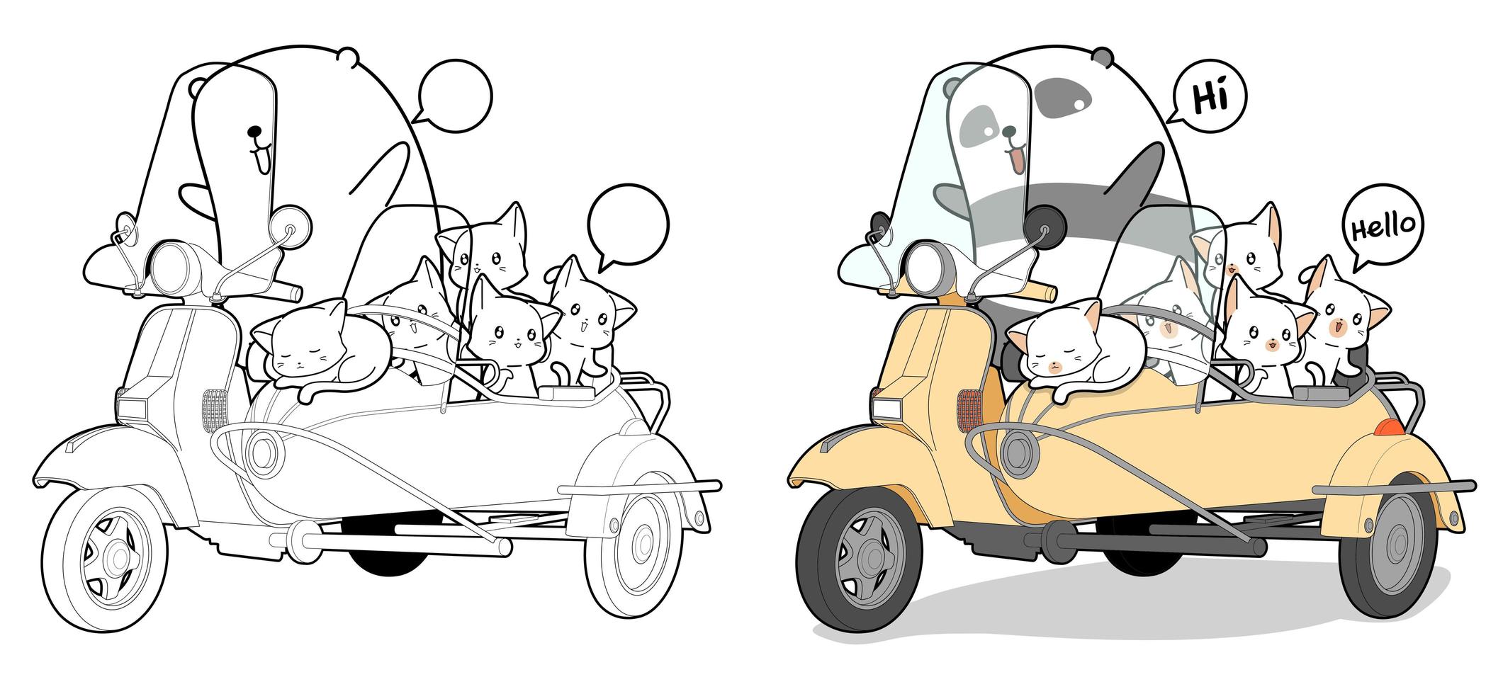 adorabile panda in sella a uno scooter con i gatti cartoon pagina da colorare vettore