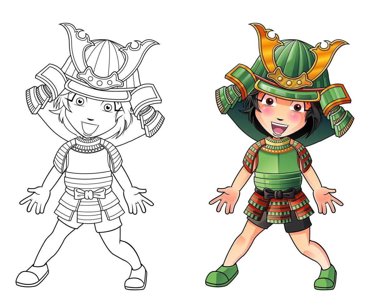 Simpatico cartone animato samurai pagina da colorare per bambini vettore