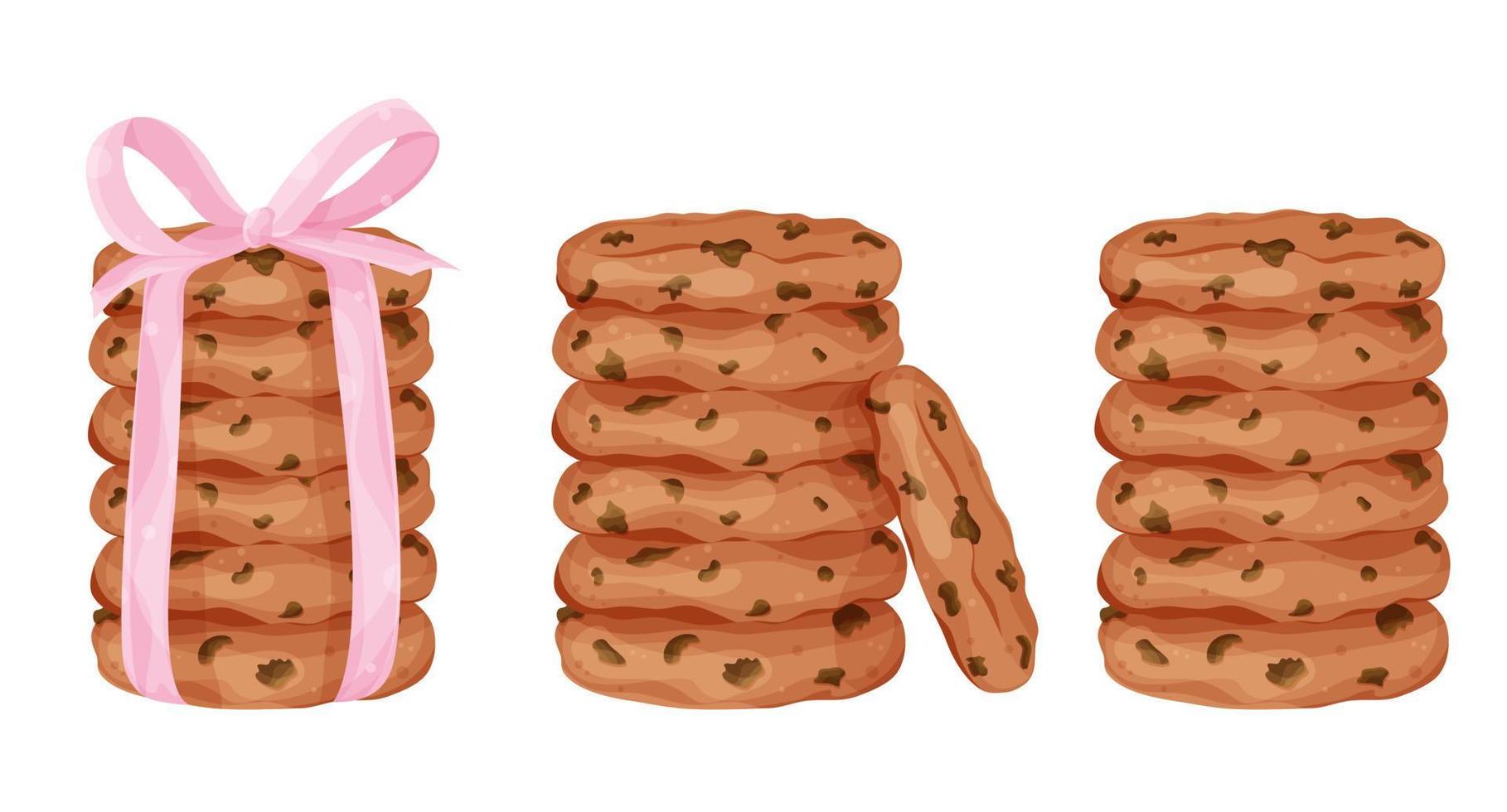 impostato pila di fiocchi d'avena biscotti, fatti in casa biscotti, biscotti con cioccolato, cioccolato patatine fritte, biscotti legato con un' arco vettore
