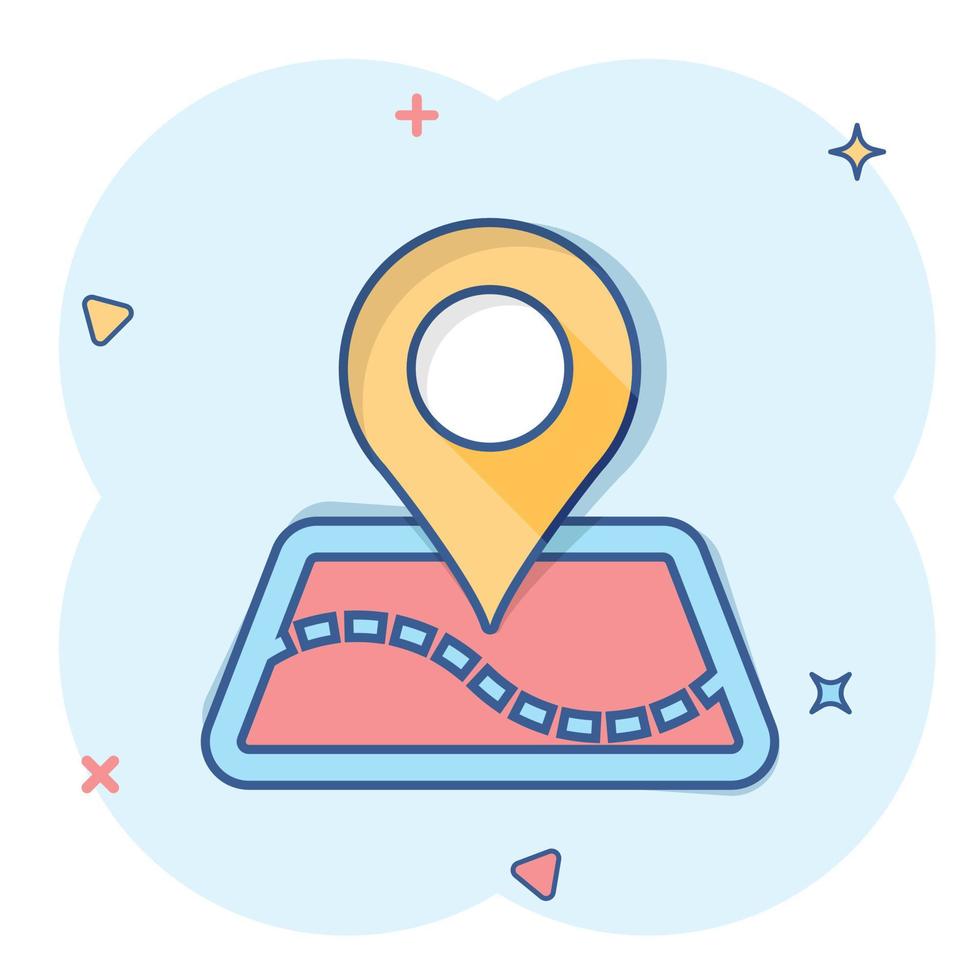 vettore cartone animato carta geografica pointer icona nel comico stile. GPS navigazione marchio illustrazione pittogramma. pointer destinazione attività commerciale spruzzo effetto concetto.