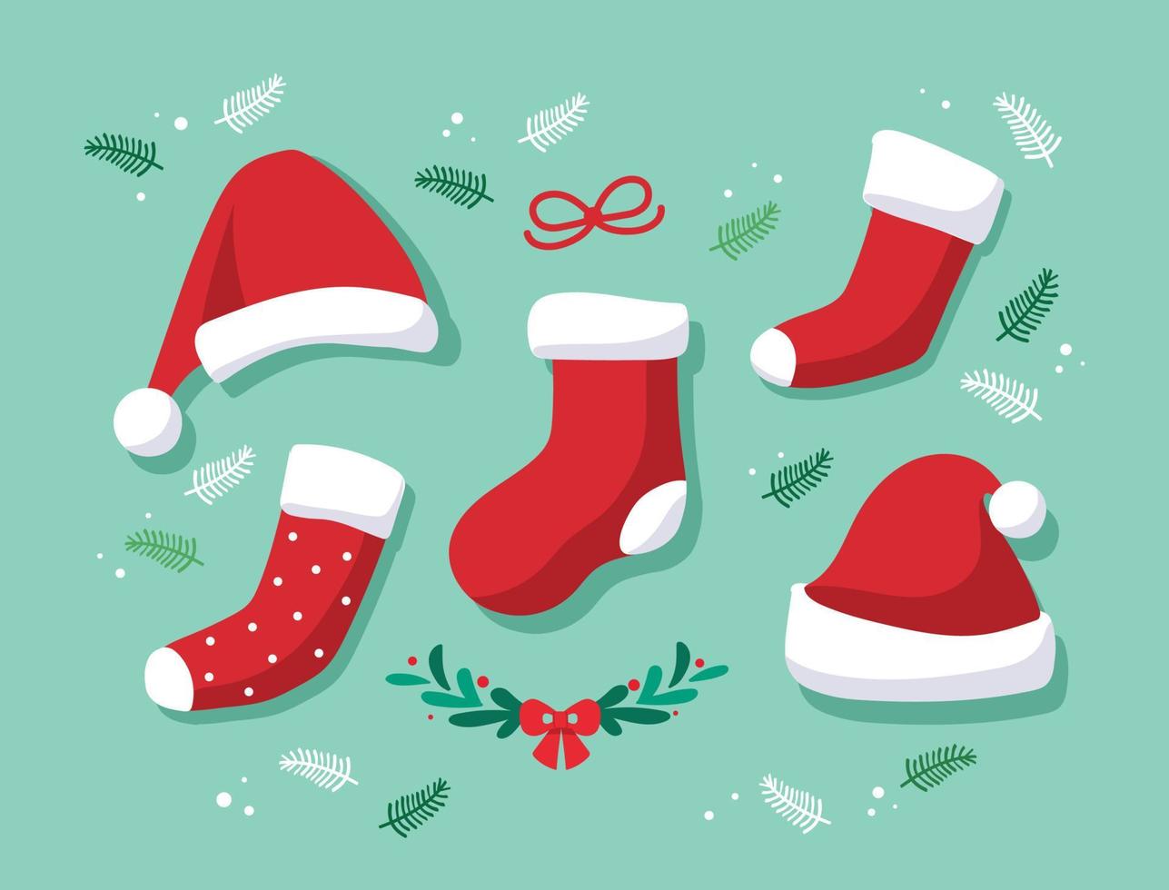 Natale Santa Claus rosso cappelli e calzini vettore illustrazione
