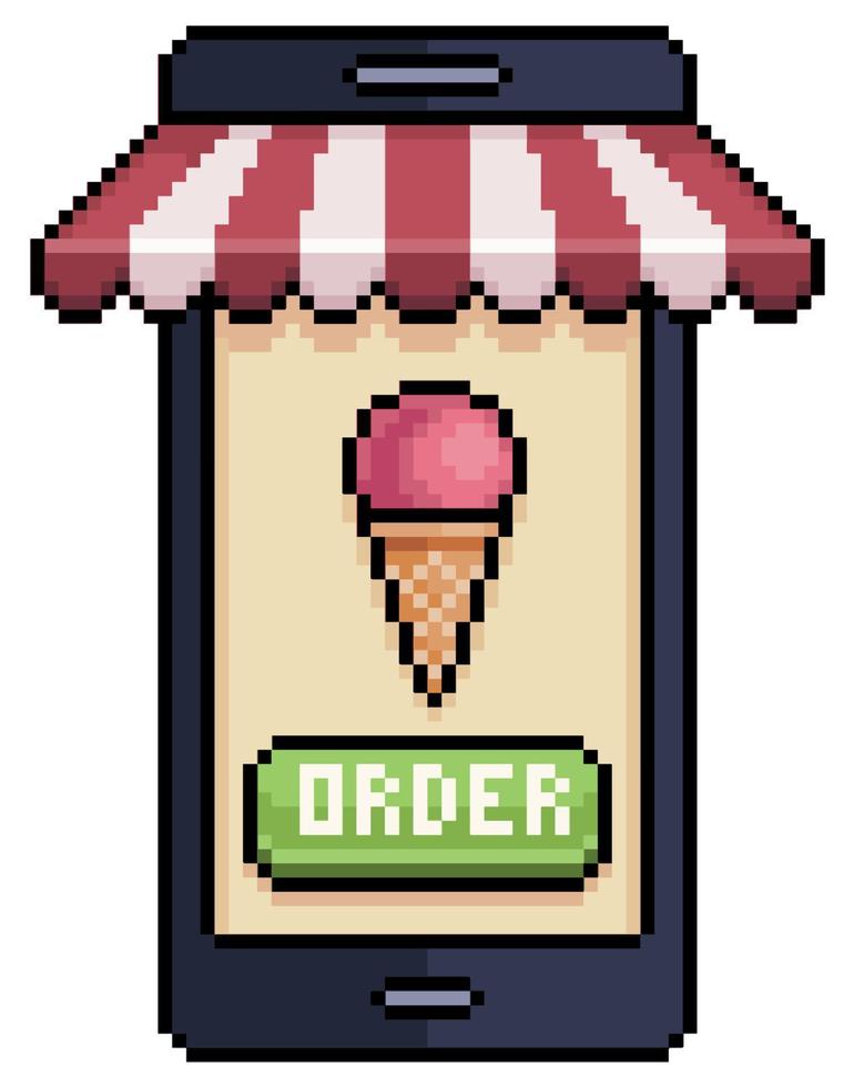 pixel arte mobile Telefono ordinazione ghiaccio crema nel cibo App vettore icona per 8 bit gioco su bianca sfondo