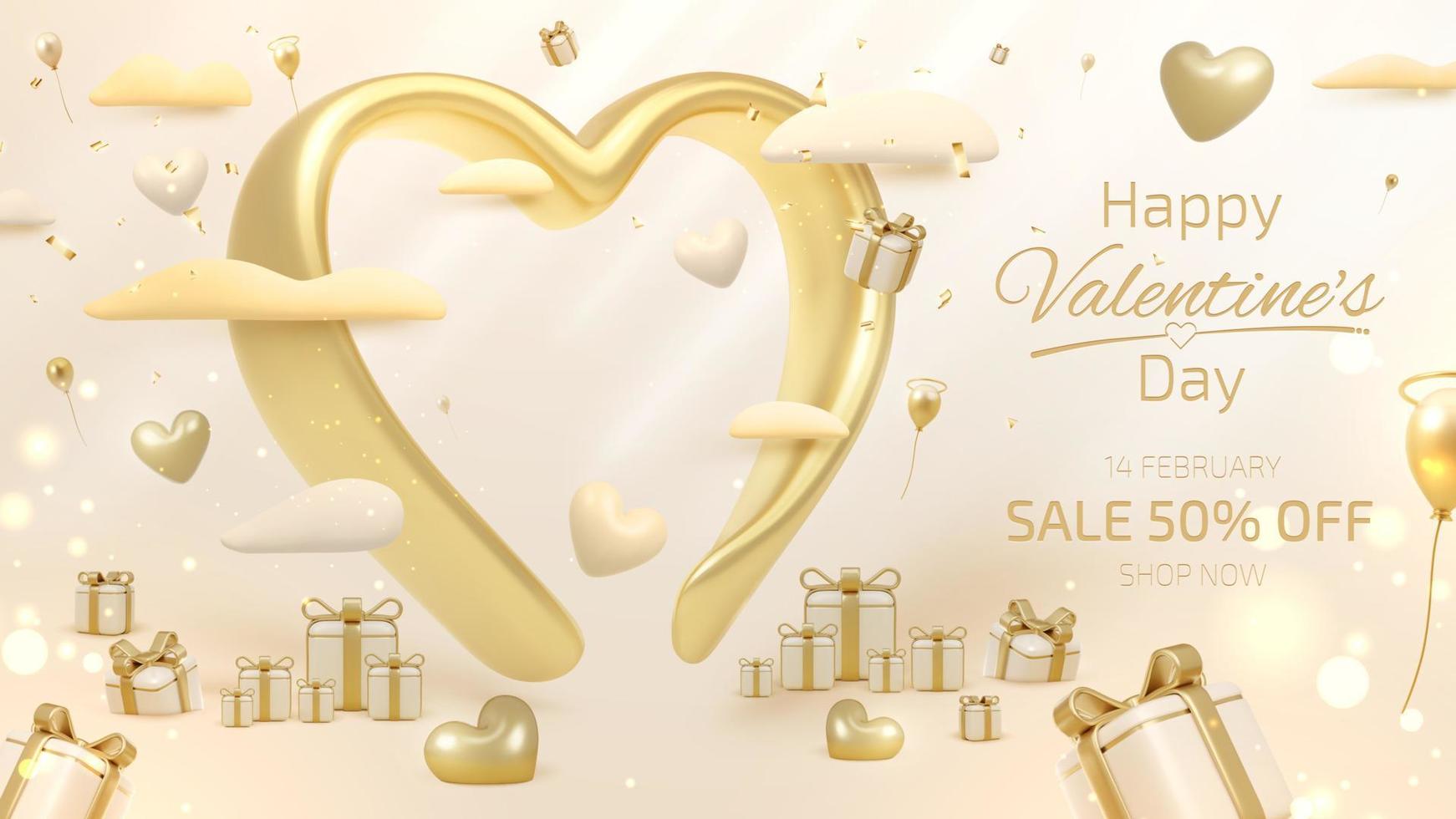 San Valentino giorno sfondo con 3d cuore forma elementi e regalo scatola con nastro e leggero effetto decorazioni e bokeh. vettore