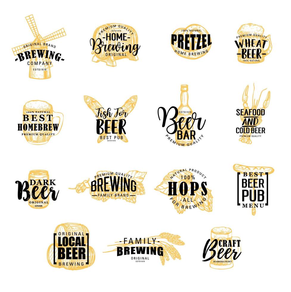 fabbrica di birra e birra icone, vettore lettering