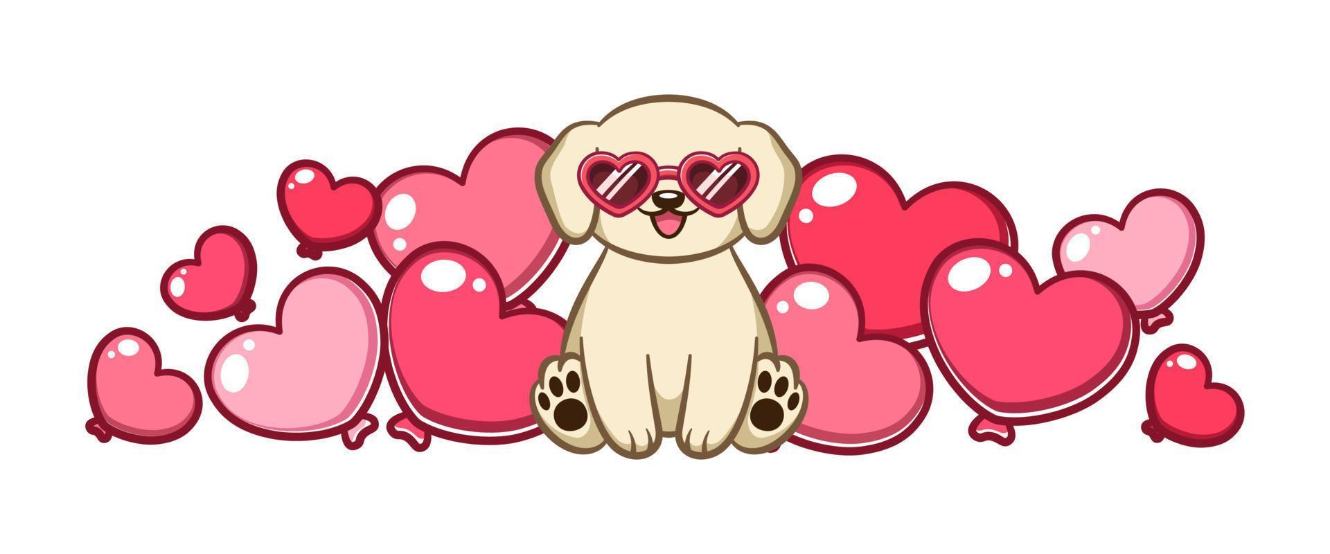 cucciolo indossare cuore occhiali da sole circondato di cuore palloncini cartone animato vettore illustrazione.