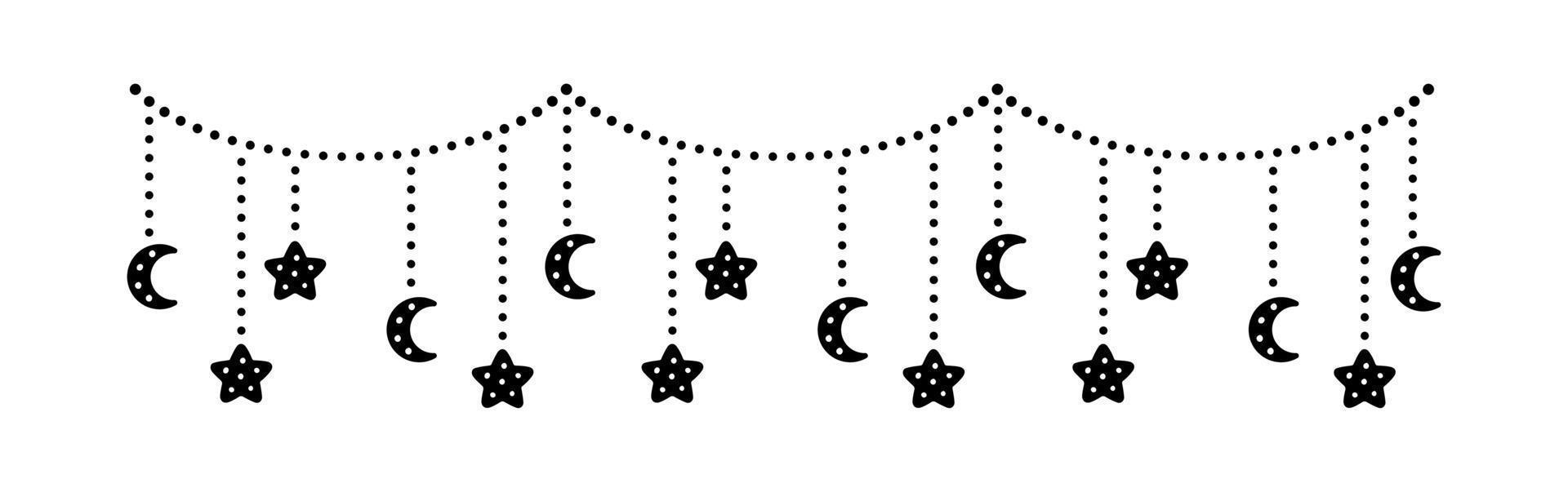 Luna e stelle luci penzoloni pavese ghirlanda silhouette vettore