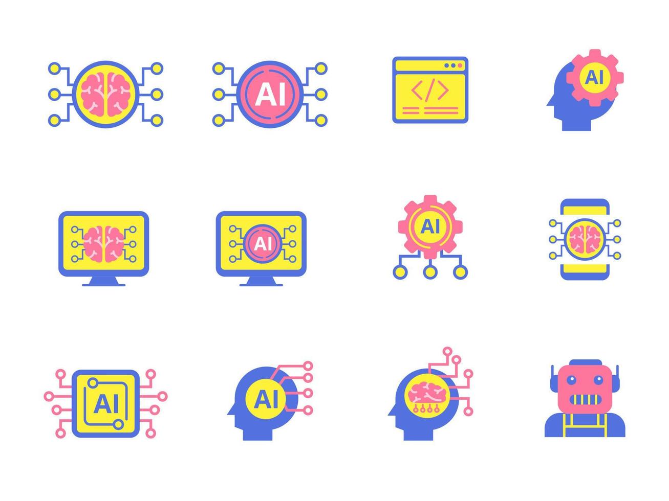 impostato di artificiale intelligenza icone con un' piatto stile isolato su bianca sfondo. colorato ai icone vettore