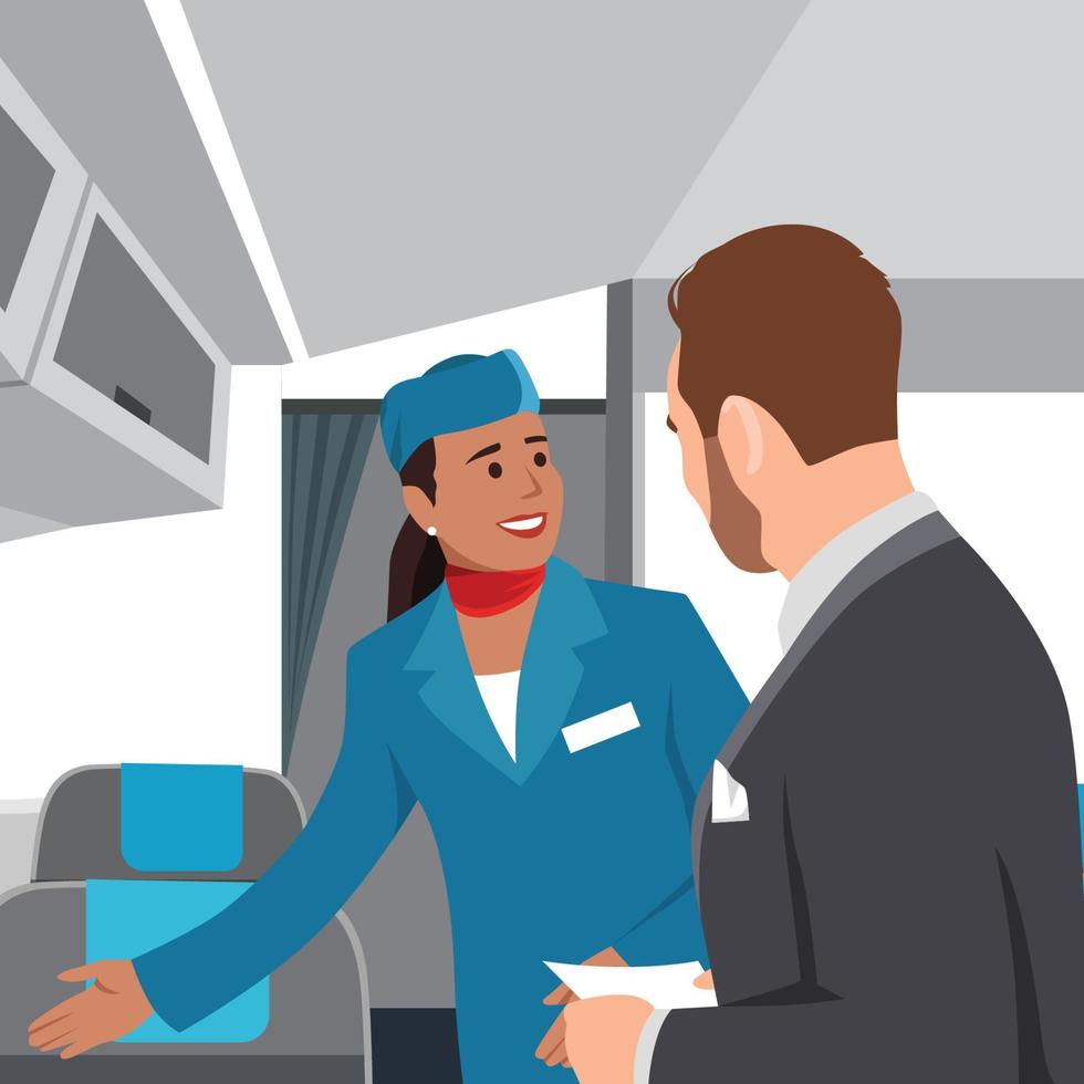 un' vettore illustrazione di volo assistente mostrare posti a sedere per un' passeggeri. piatto vettore illustrazione isolato su bianca sfondo