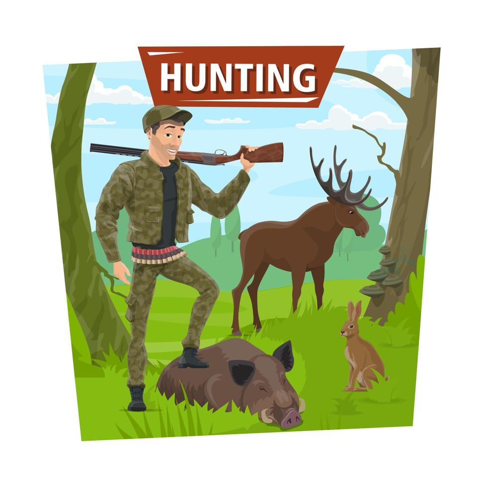 cacciatore nel foresta con selvaggio animali trofeo vettore