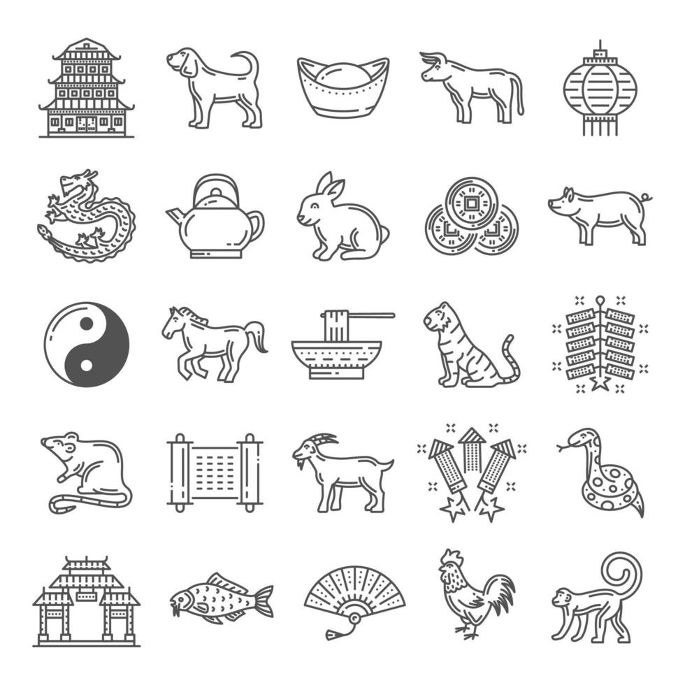 Cinese cultura linea arte icone con zodiaco animali vettore