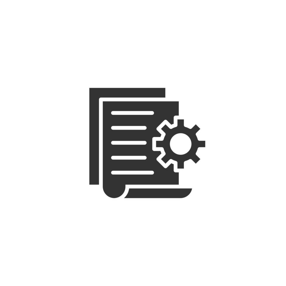 documento con Ingranaggio icona nel piatto stile. grande dati in lavorazione vettore illustrazione su bianca isolato sfondo. carta foglio Software soluzione attività commerciale concetto.
