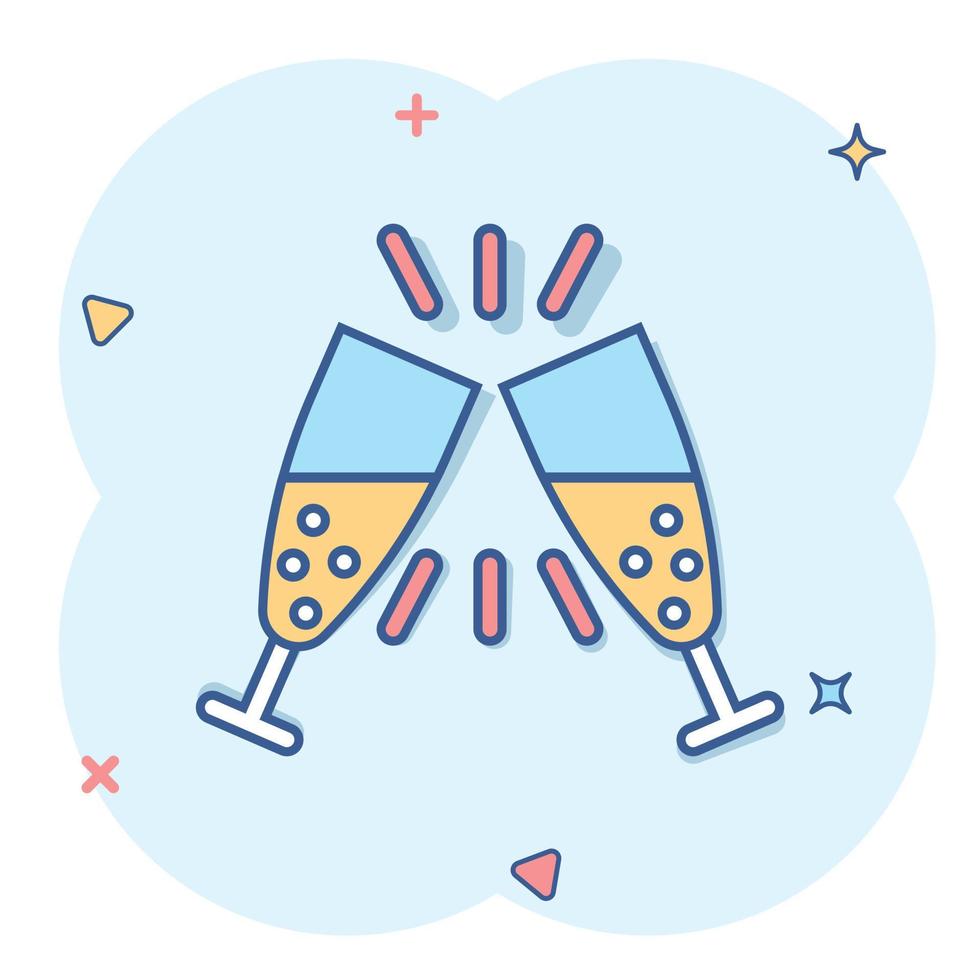 Champagne bicchiere icona nel comico stile. alcool bevanda vettore cartone animato illustrazione su bianca isolato sfondo. cocktail spruzzo effetto attività commerciale concetto.