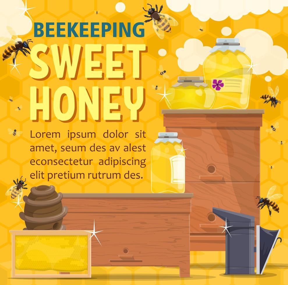 naturale miele dolce cibo con api e alveare vettore