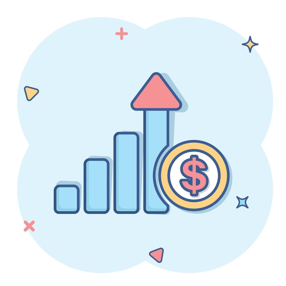crescita freccia icona nel comico stile. reddito cartone animato vettore illustrazione su bianca isolato sfondo. aumentare spruzzo effetto attività commerciale concetto.