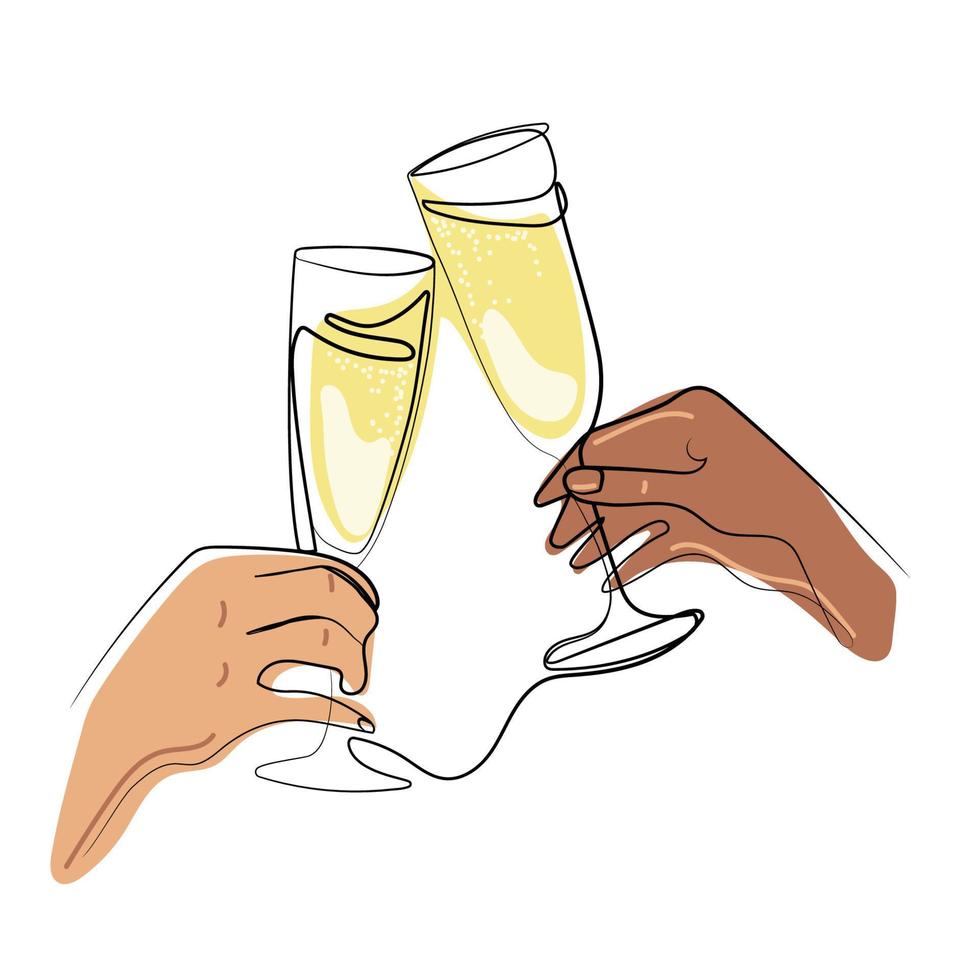 uno linea Champagne bicchieri tintinnio.due mani applauso con bicchieri di vino vettore illustration.cheers, mano Tenere vacanza bevande, continuo linea disegno. minimalista lineare concetto di celebrare