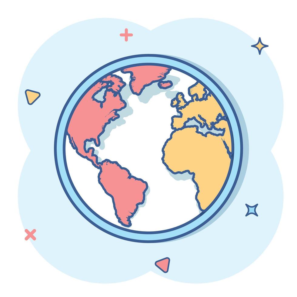 vettore cartone animato globo mondo carta geografica icona nel comico stile. il giro terra illustrazione pittogramma. pianeta attività commerciale spruzzo effetto concetto.