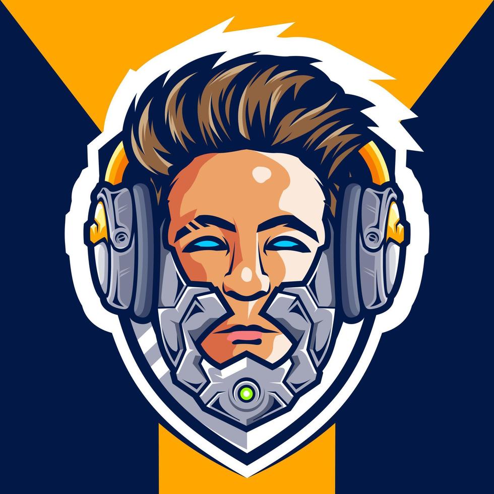 testa cyborg gamer esport logo design vettore