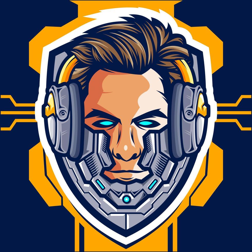 testa cyborg gamer esport logo design vettore