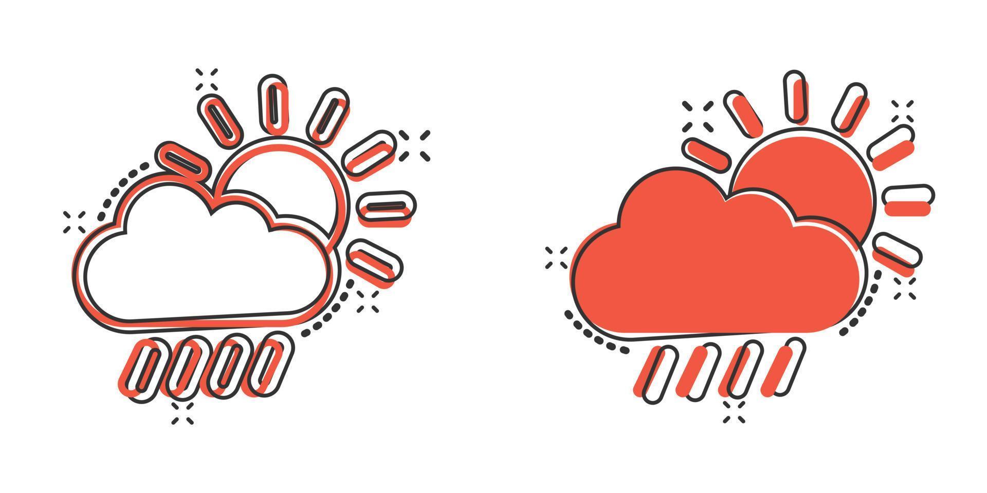 tempo metereologico icona nel comico stile. sole, nube e pioggia cartone animato vettore illustrazione su bianca isolato sfondo. meteorologia spruzzo effetto cartello attività commerciale concetto.