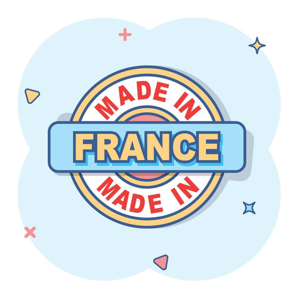 cartone animato fatto nel Francia icona nel comico stile. manufatto illustrazione pittogramma. produrre cartello spruzzo attività commerciale concetto. vettore