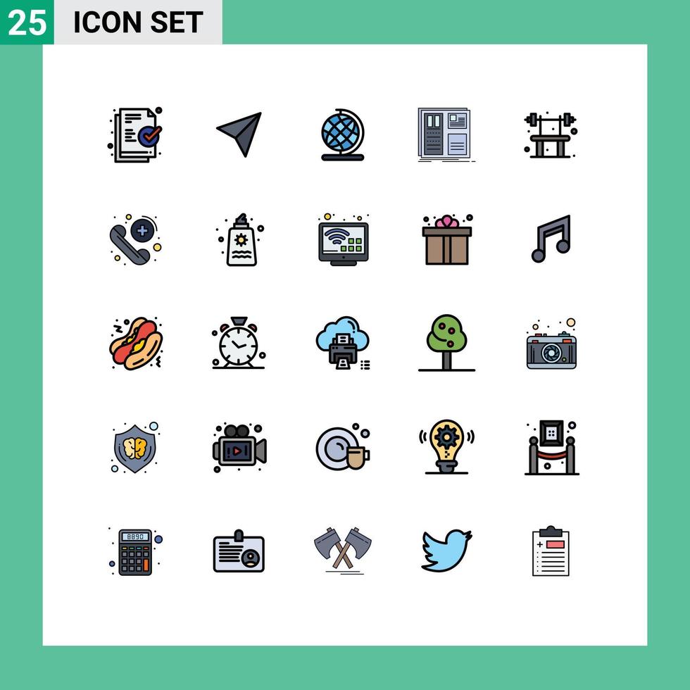 mobile interfaccia pieno linea piatto colore impostato di 25 pittogrammi di Palestra esercizio globo panchina disposizione modificabile vettore design elementi