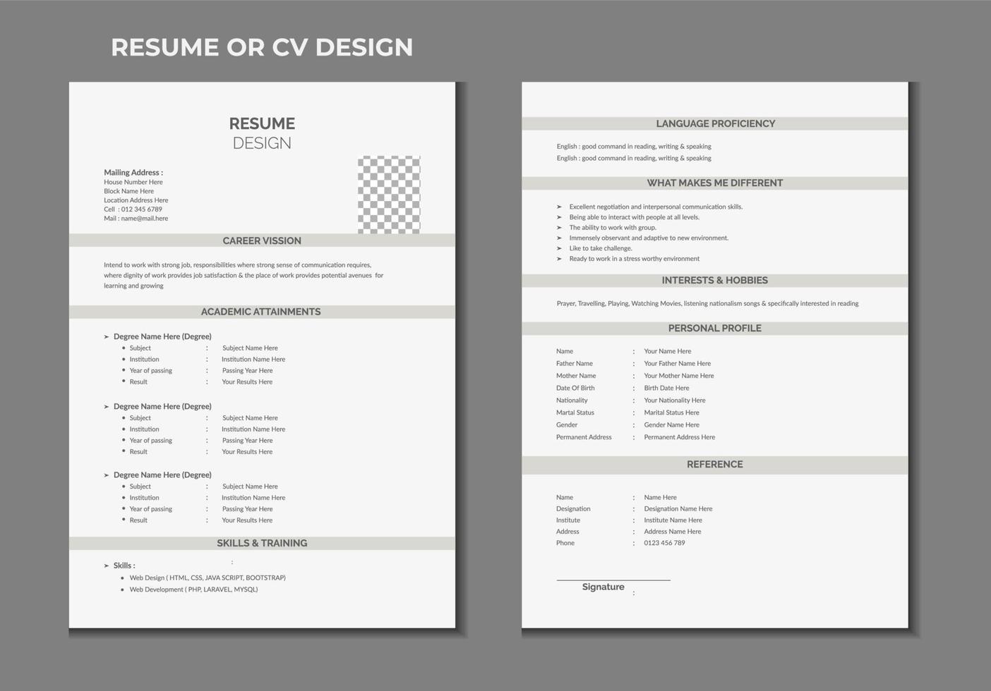 Doppio pagine curriculum vitae o CV modello design vettore