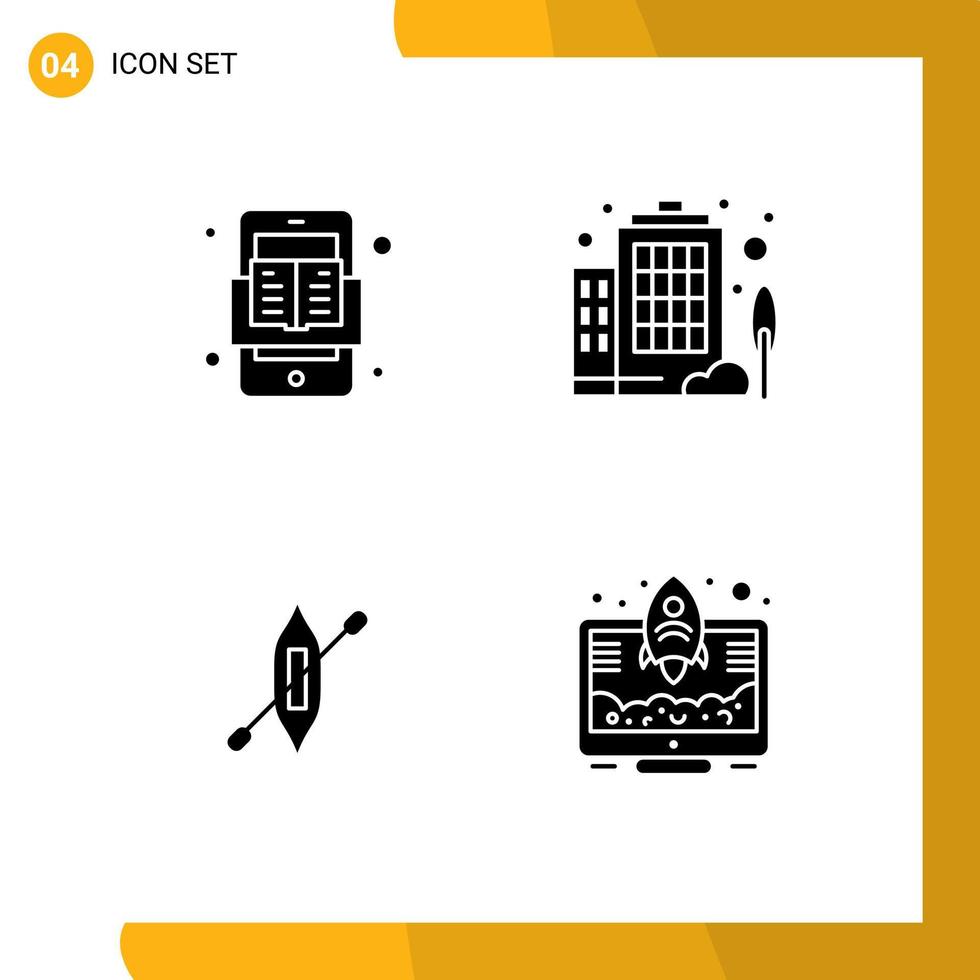 mobile interfaccia solido glifo impostato di 4 pittogrammi di libro kayak leggere azienda imprenditore modificabile vettore design elementi