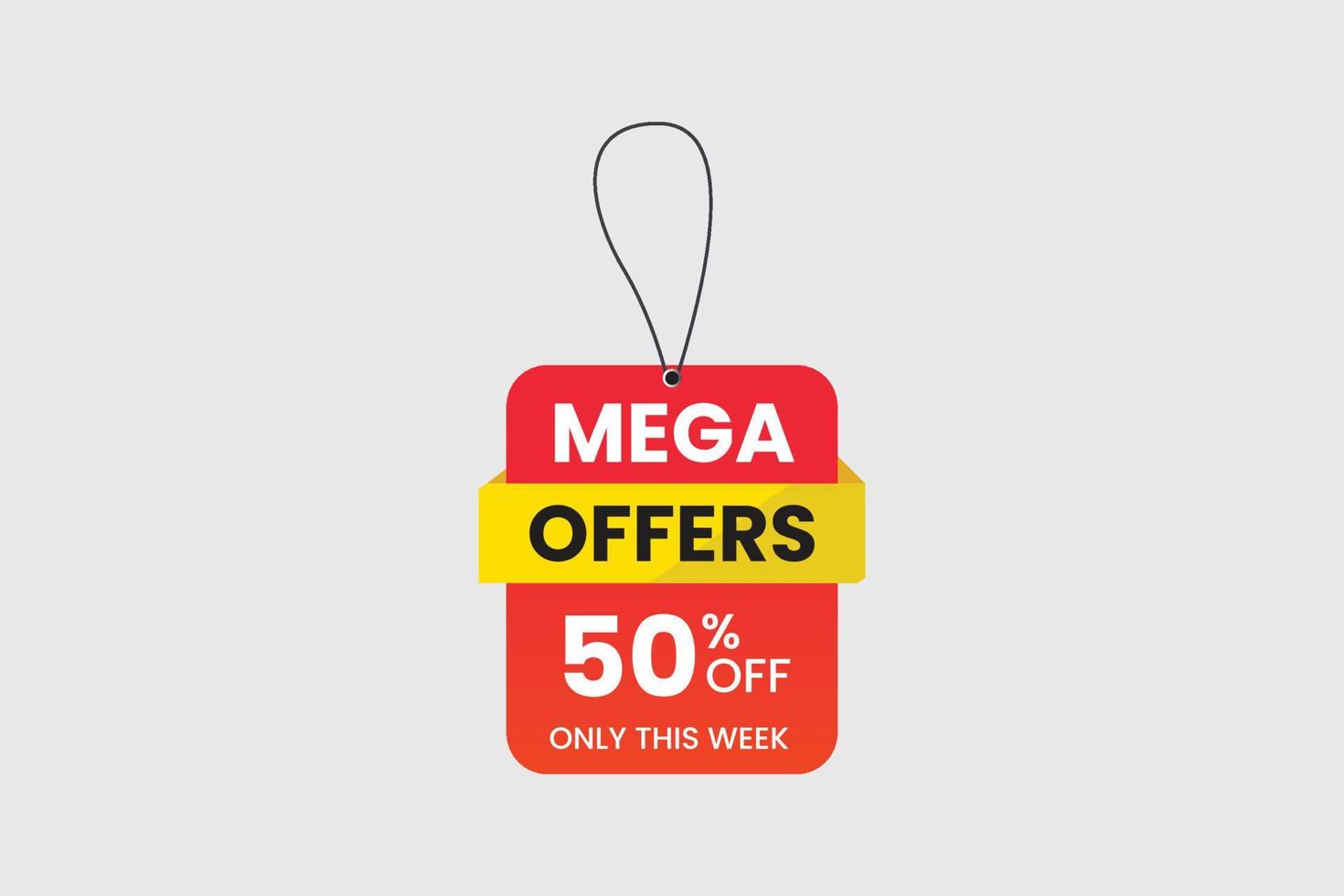 mega offerte sospeso etichetta con 50 per cento via design vettore