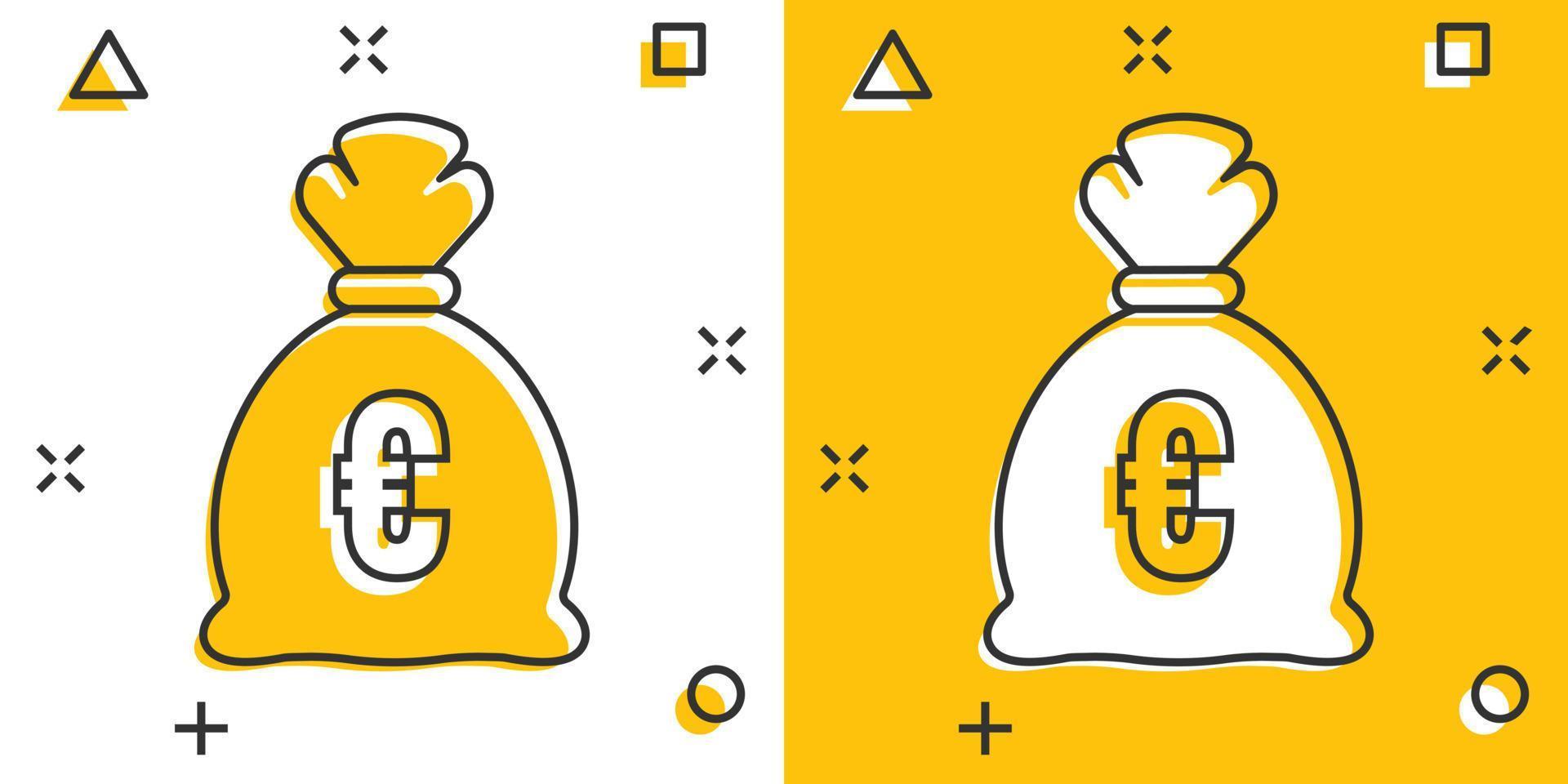 i soldi Borsa icona nel comico stile. portafoglio cartone animato vettore illustrazione su isolato sfondo. moneta sacco spruzzo effetto cartello attività commerciale concetto.