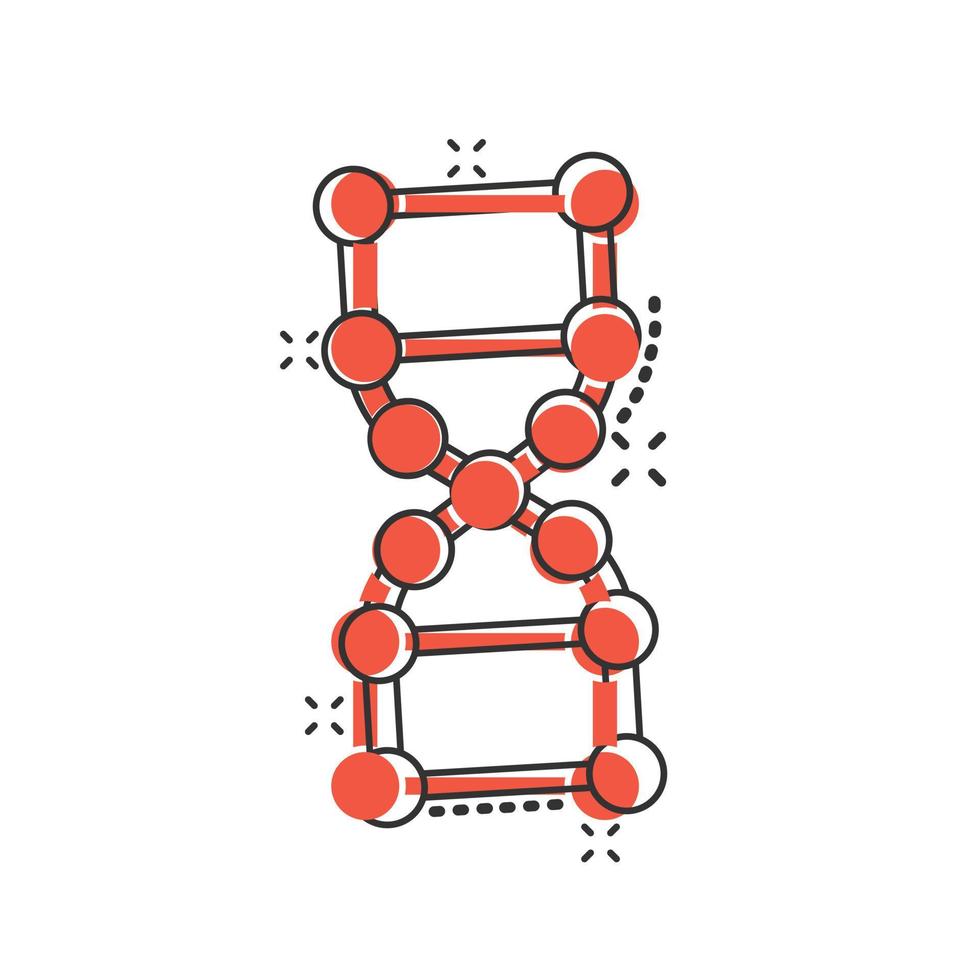 dna molecola icona nel comico stile. atomo cartone animato vettore illustrazione su bianca isolato sfondo. molecolare spirale spruzzo effetto cartello attività commerciale concetto.