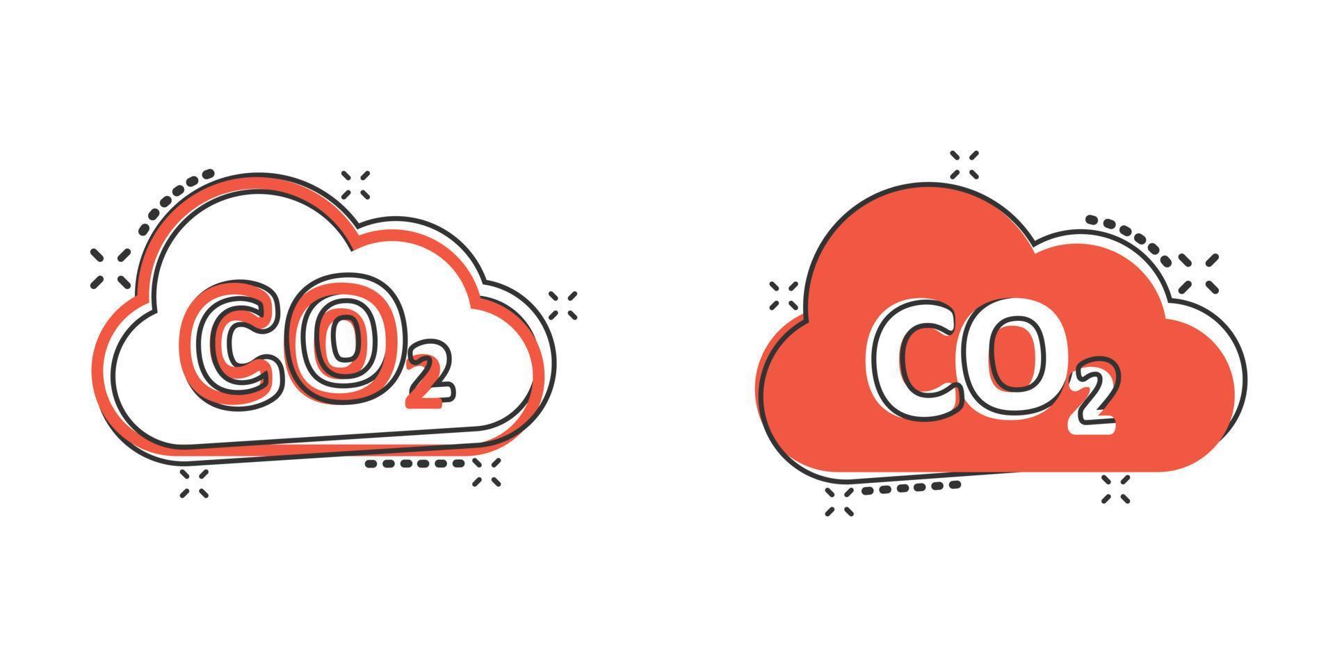 co2 emissione icona nel comico stile. nube disastro cartone animato vettore illustrazione su bianca isolato sfondo. ambiente spruzzo effetto cartello attività commerciale concetto.