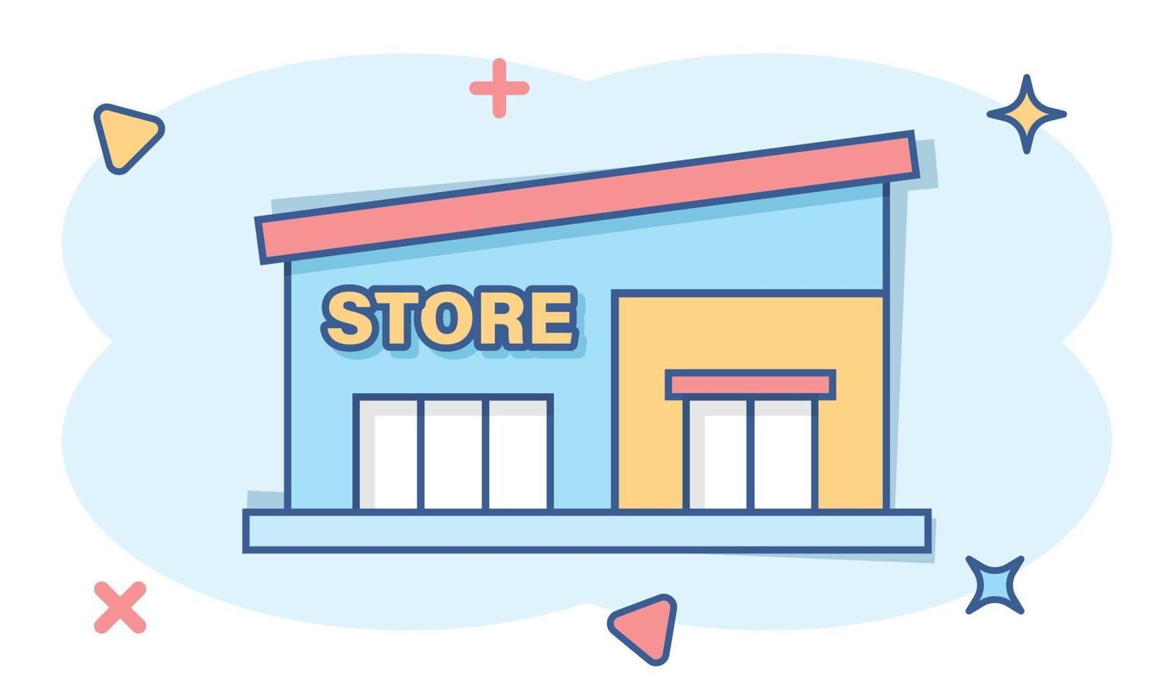 centro commerciale icona nel comico stile. memorizzare cartone animato vettore illustrazione su bianca isolato sfondo. negozio spruzzo effetto attività commerciale concetto.