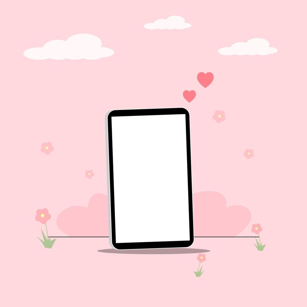 vettore illustrazione mobile Telefono vuoto bianca schermo su giardino rosa amante sfondo San Valentino concetto