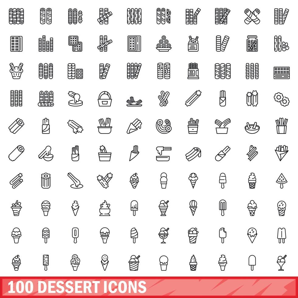 100 icone di dessert impostate, stile contorno vettore
