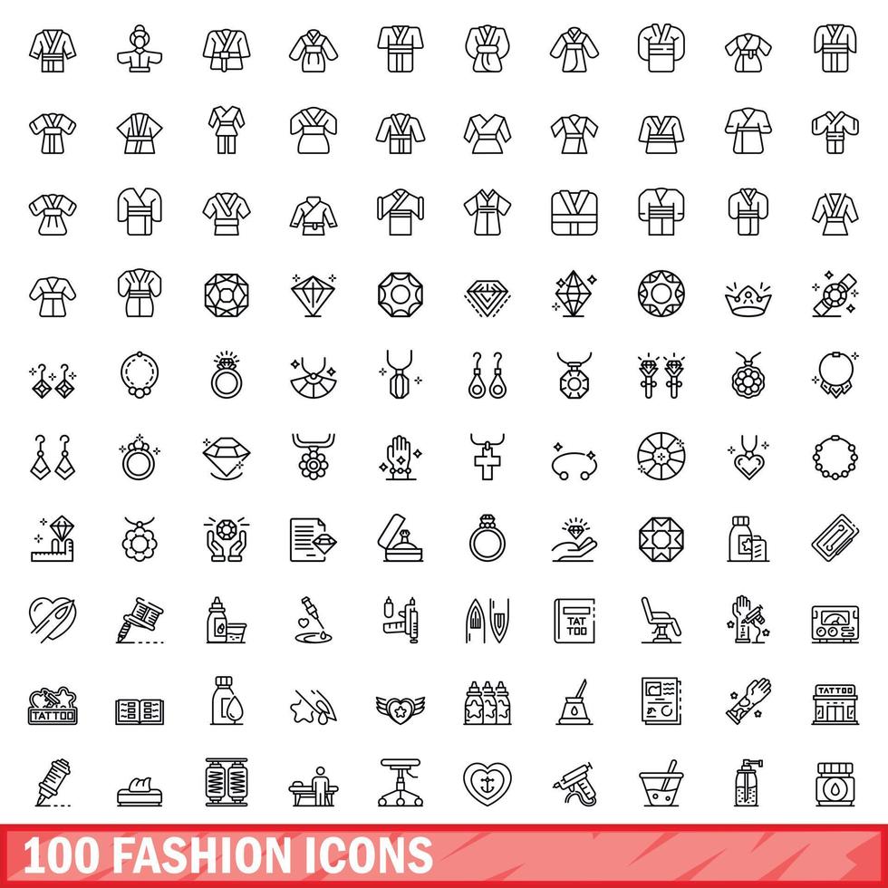 100 icone di moda impostate, stile contorno vettore
