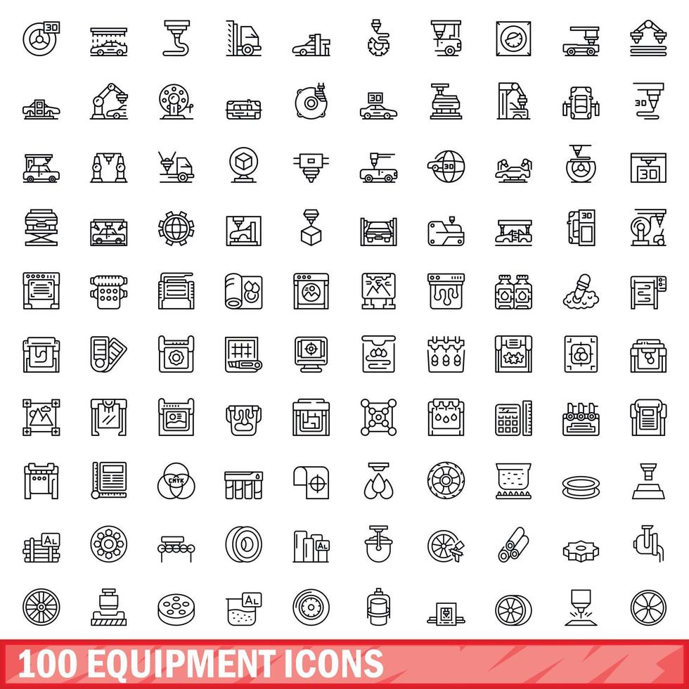 100 icone dell'attrezzatura impostate, stile del contorno vettore