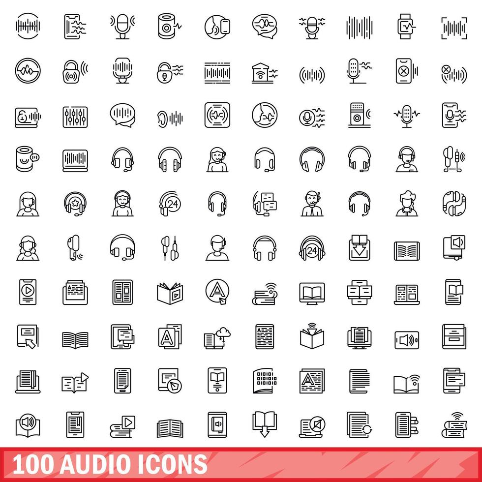 100 icone audio impostate, stile contorno vettore