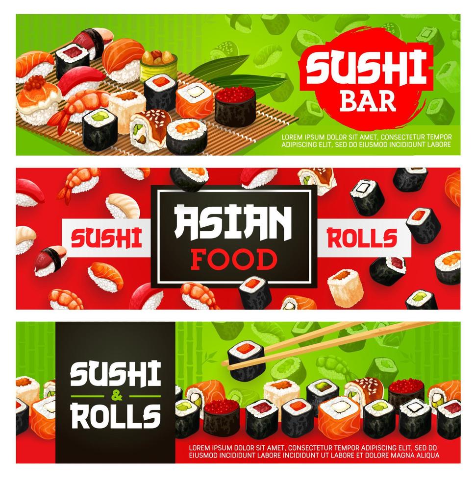Sushi bar menù, sashimi e maki rotoli vettore