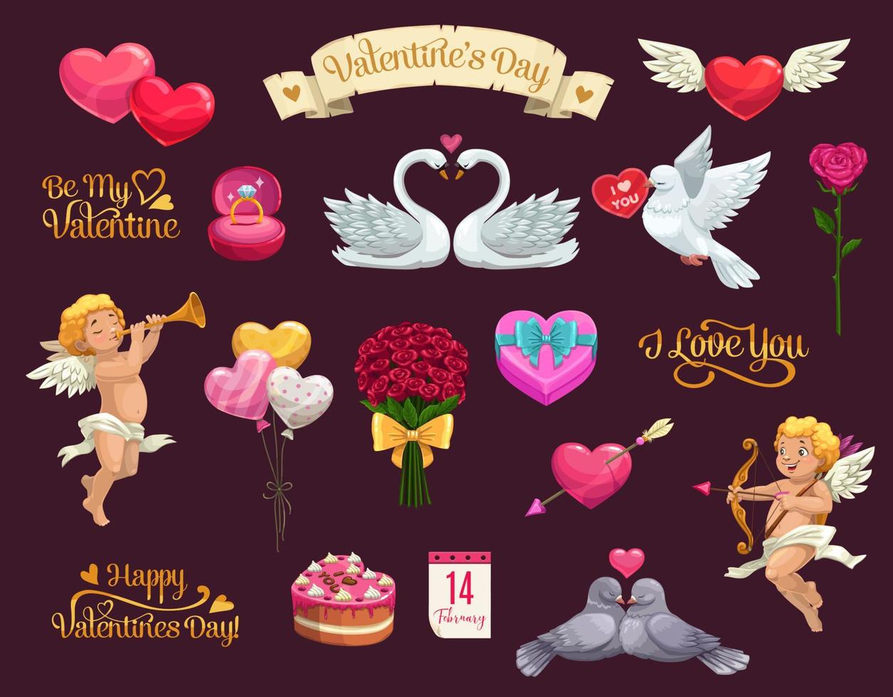 san valentino giorno amore cuori, regalo, nastro e Cupido vettore