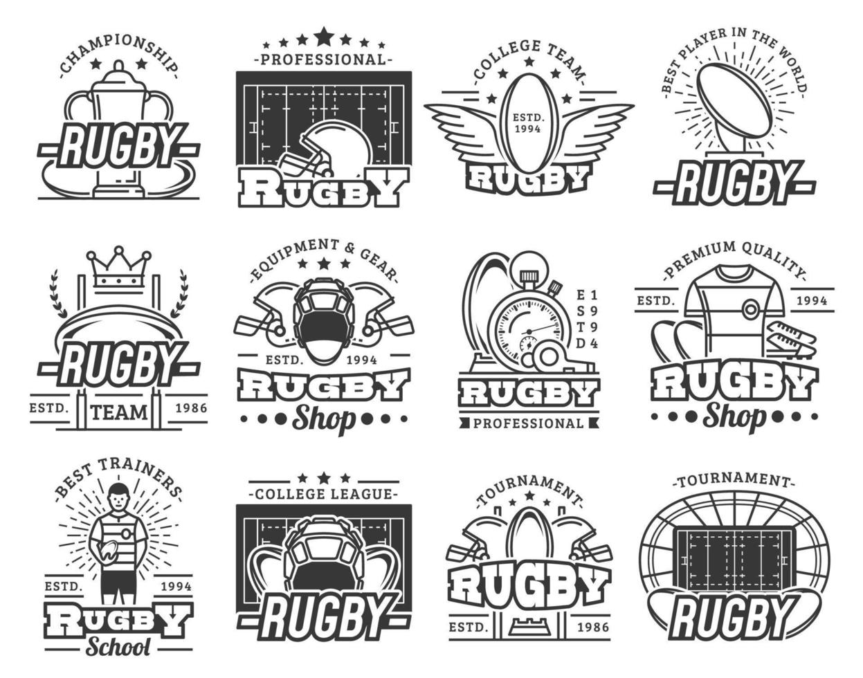 Rugby sport negozio segni, squadra sport club icone vettore