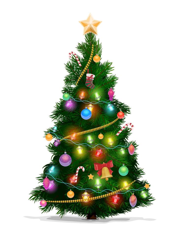 Natale pino albero con stella, luci e palle vettore
