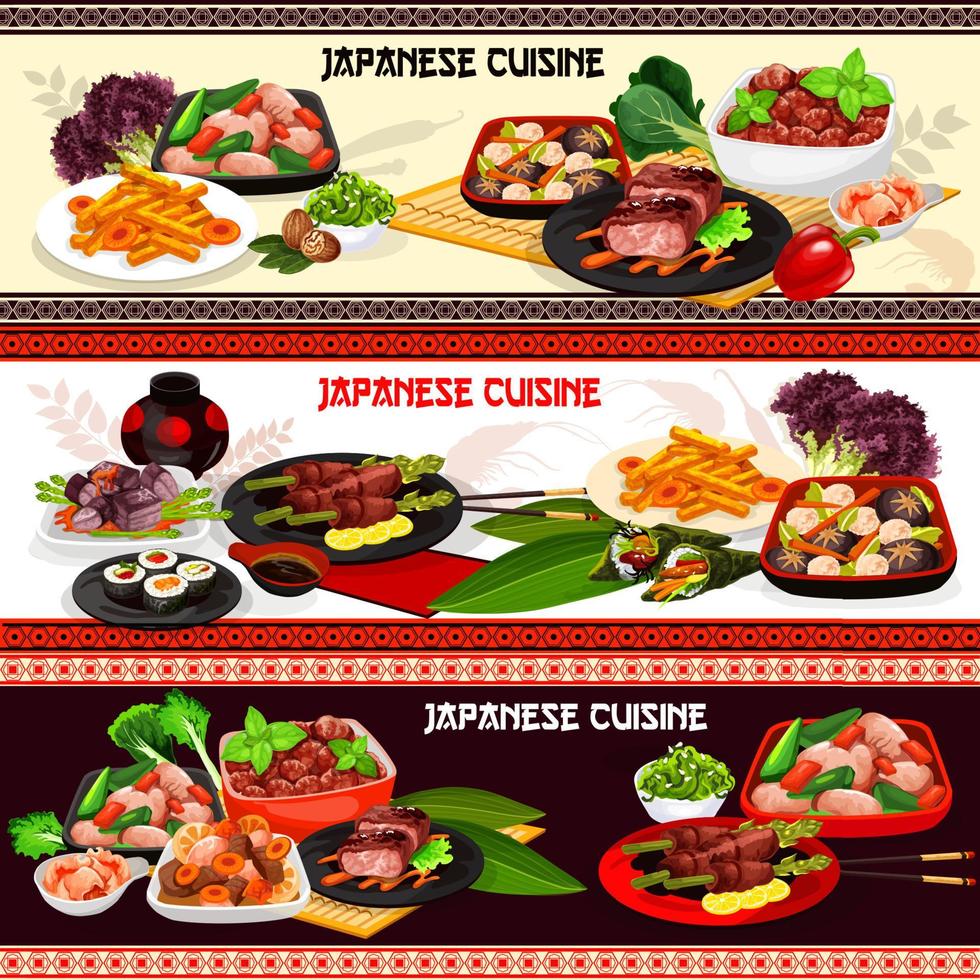 giapponese cucina carne piatti con salse, verdure vettore