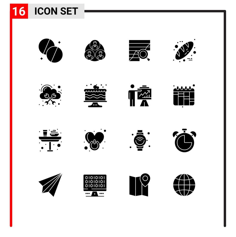 moderno impostato di 16 solido glifi pittogramma di Grazie giorno pane analisi cottura al forno dati modificabile vettore design elementi