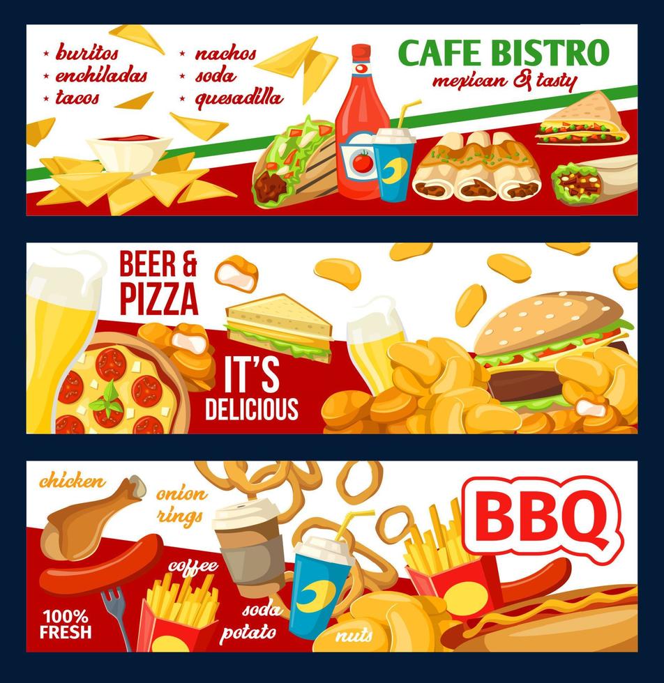 veloce cibo bar bistro menù e Pizza banner vettore
