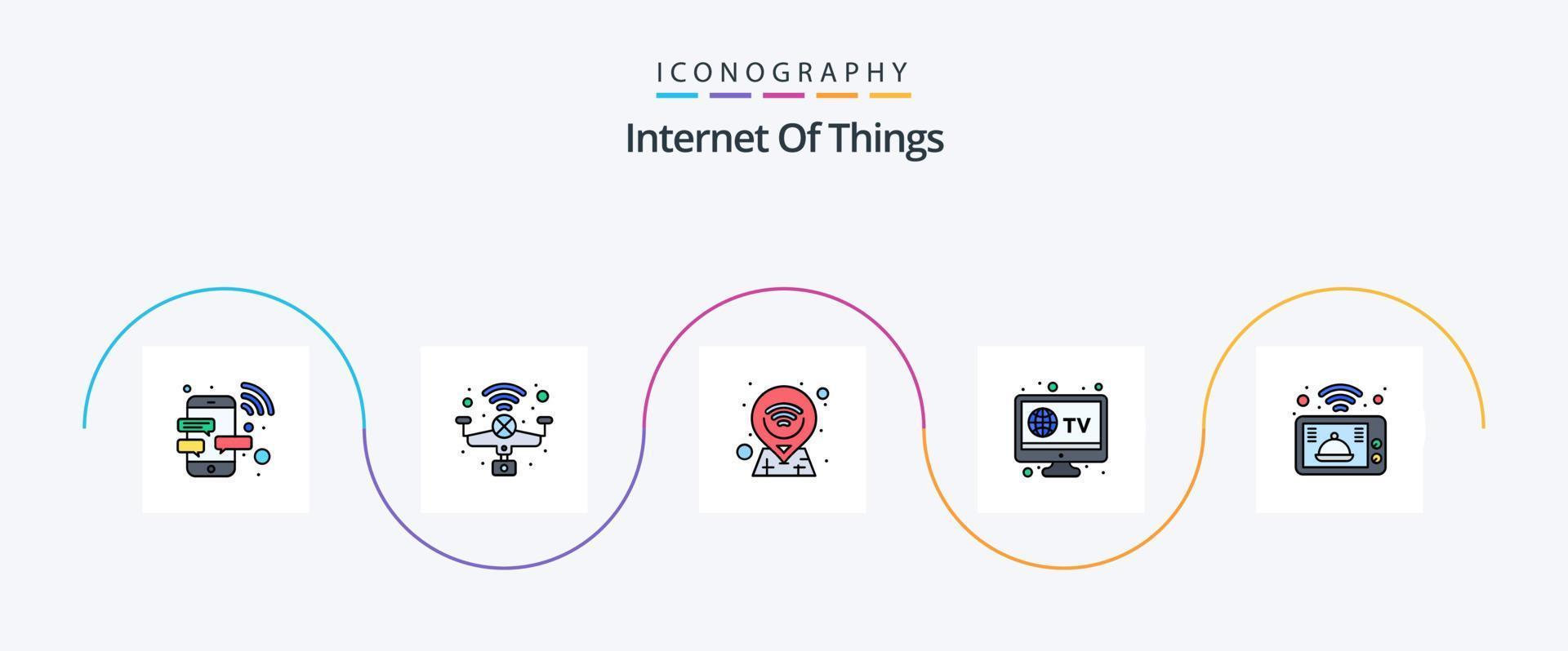 Internet di cose linea pieno piatto 5 icona imballare Compreso tecnologia. microonde. inteligente. tv. inteligente vettore