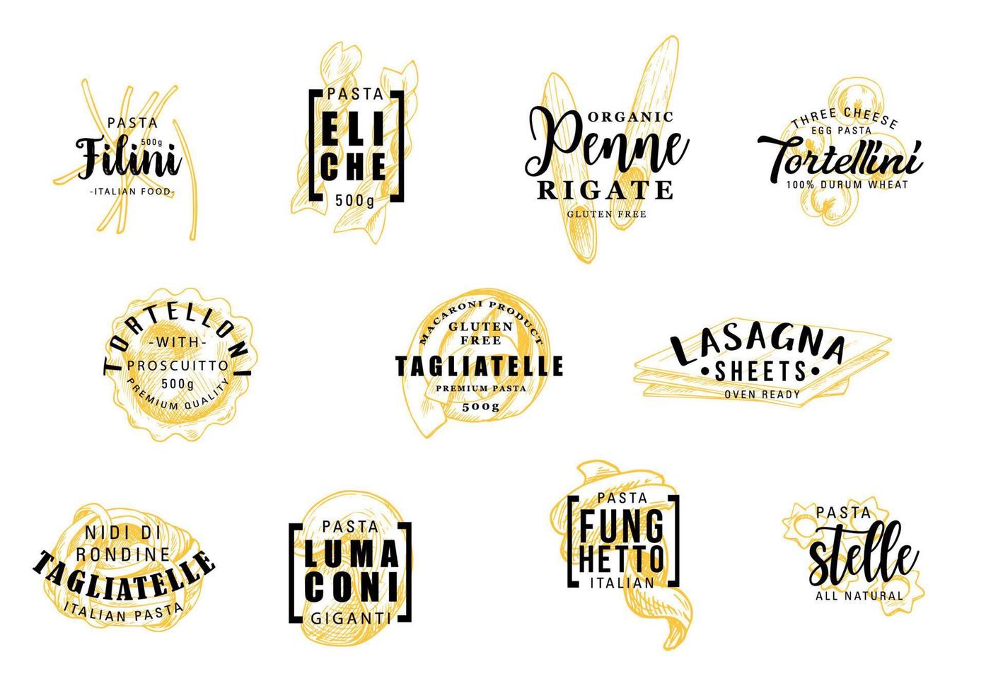 pasta sagome su icone lettering Pasticcino segni vettore