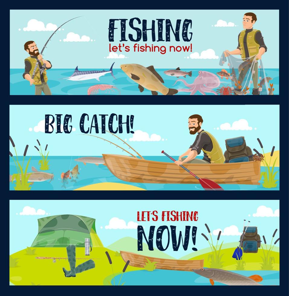 pescatore con canne, affronta e pesce catturare vettore