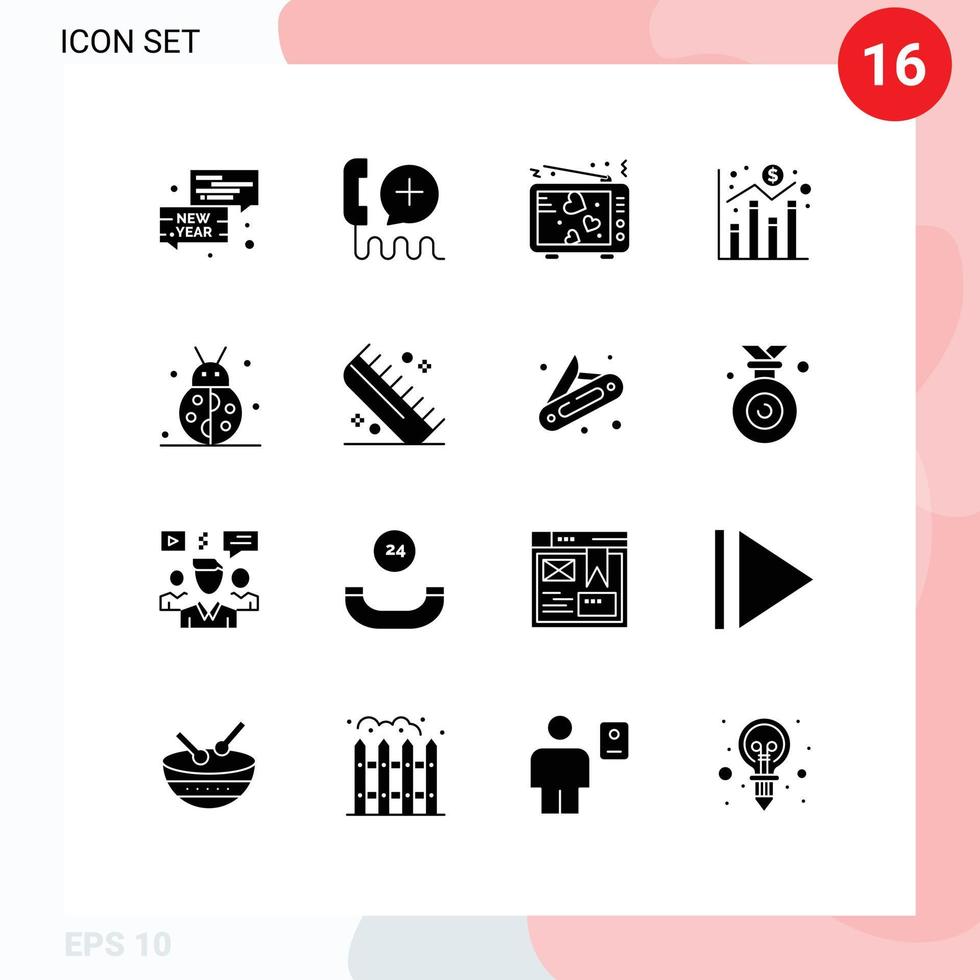 moderno impostato di 16 solido glifi pittogramma di economia grafico servizio digitale tv modificabile vettore design elementi