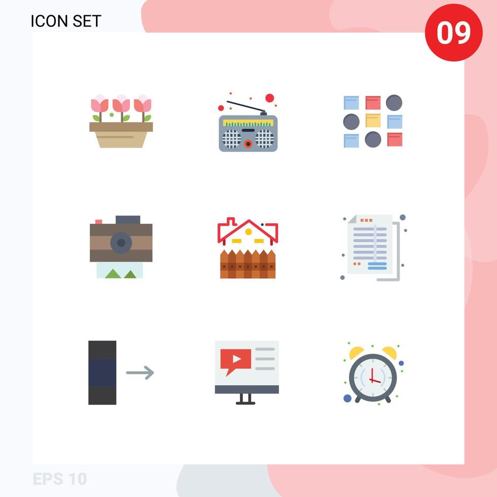 moderno impostato di 9 piatto colori pittogramma di costruzione appartamento sistema registrazione fotografia modificabile vettore design elementi