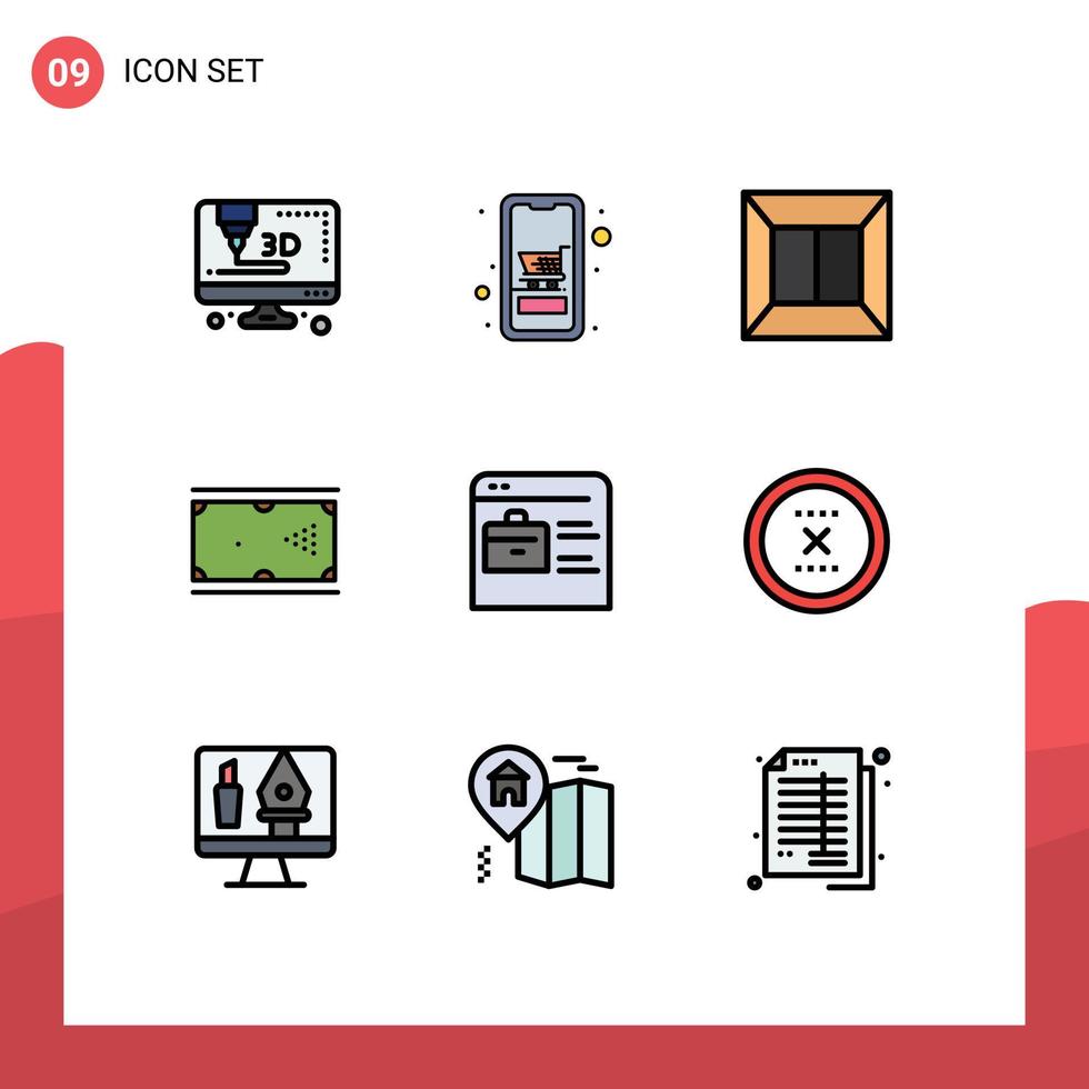 mobile interfaccia riga piena piatto colore impostato di 9 pittogrammi di lavoro sito web Borsa produzione piscina gioco modificabile vettore design elementi